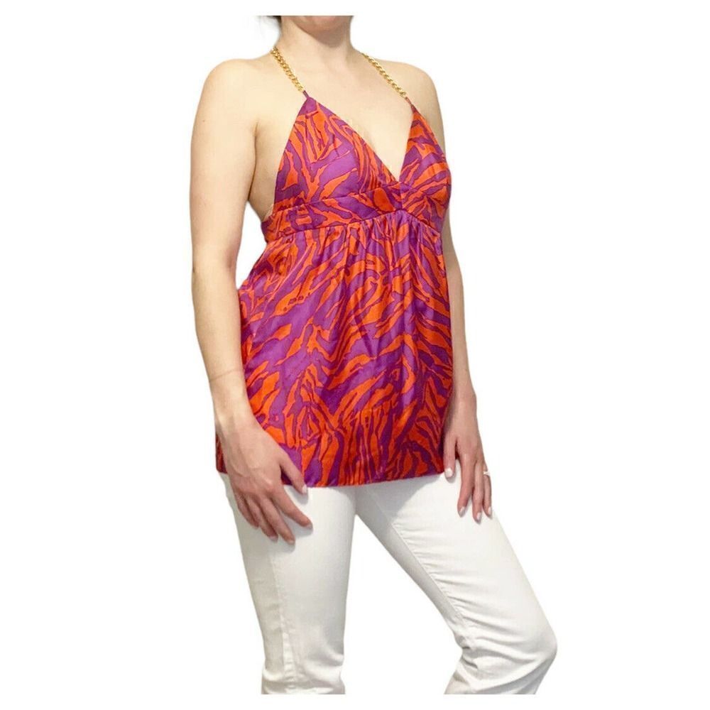MILLY 100% Silk Red/Purple Print Chain Strap Halter Top Sz 2 $295